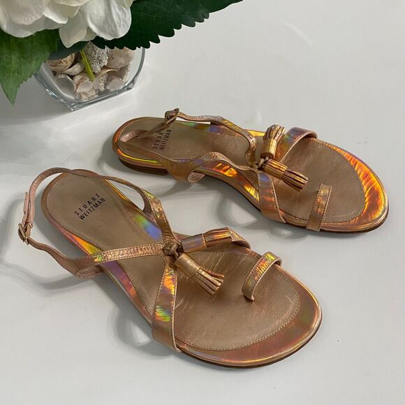 Stuart Weitzman Flapper Holographic sandals Size 8 Tassel‎ Metallic Rose Gold - Picture 3 of 11